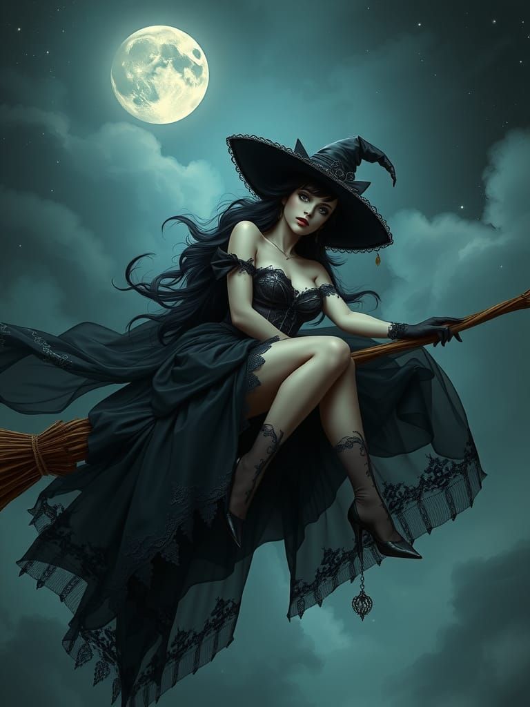 Enchanting Witch Soaring Through Moonlit Sky
