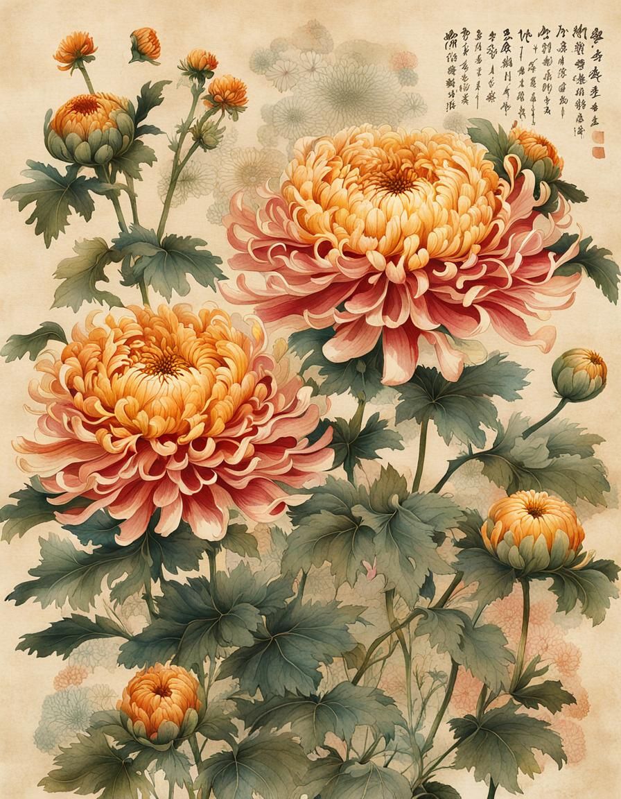 Botanical Ink Drawing of Magical Chrysanthemums