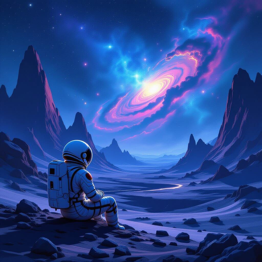 Astronaut Gazes at Nebula on Alien Planet in Sci-Fi Art Styl...