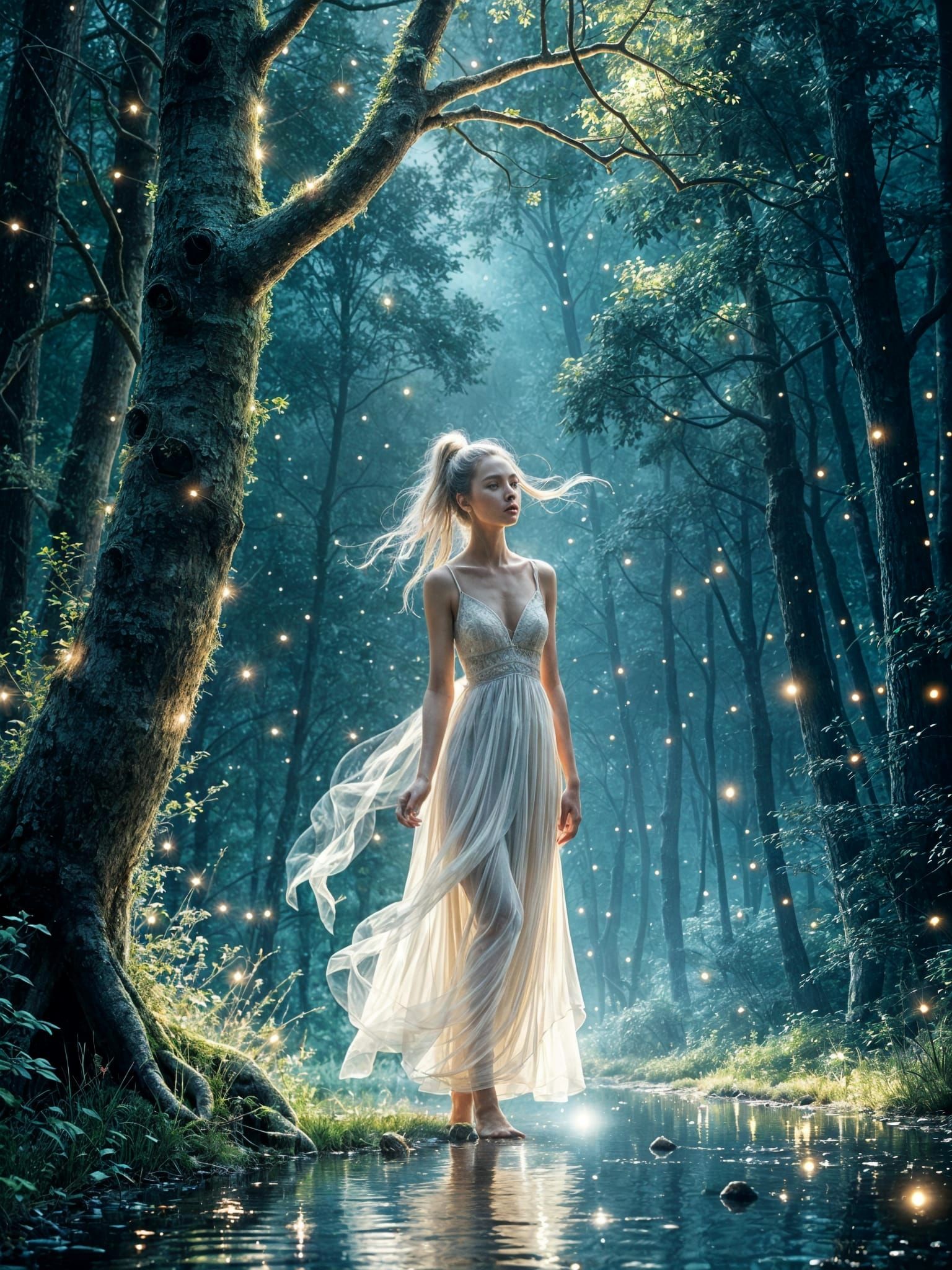 Maiden Under Starry Night Forest Glade