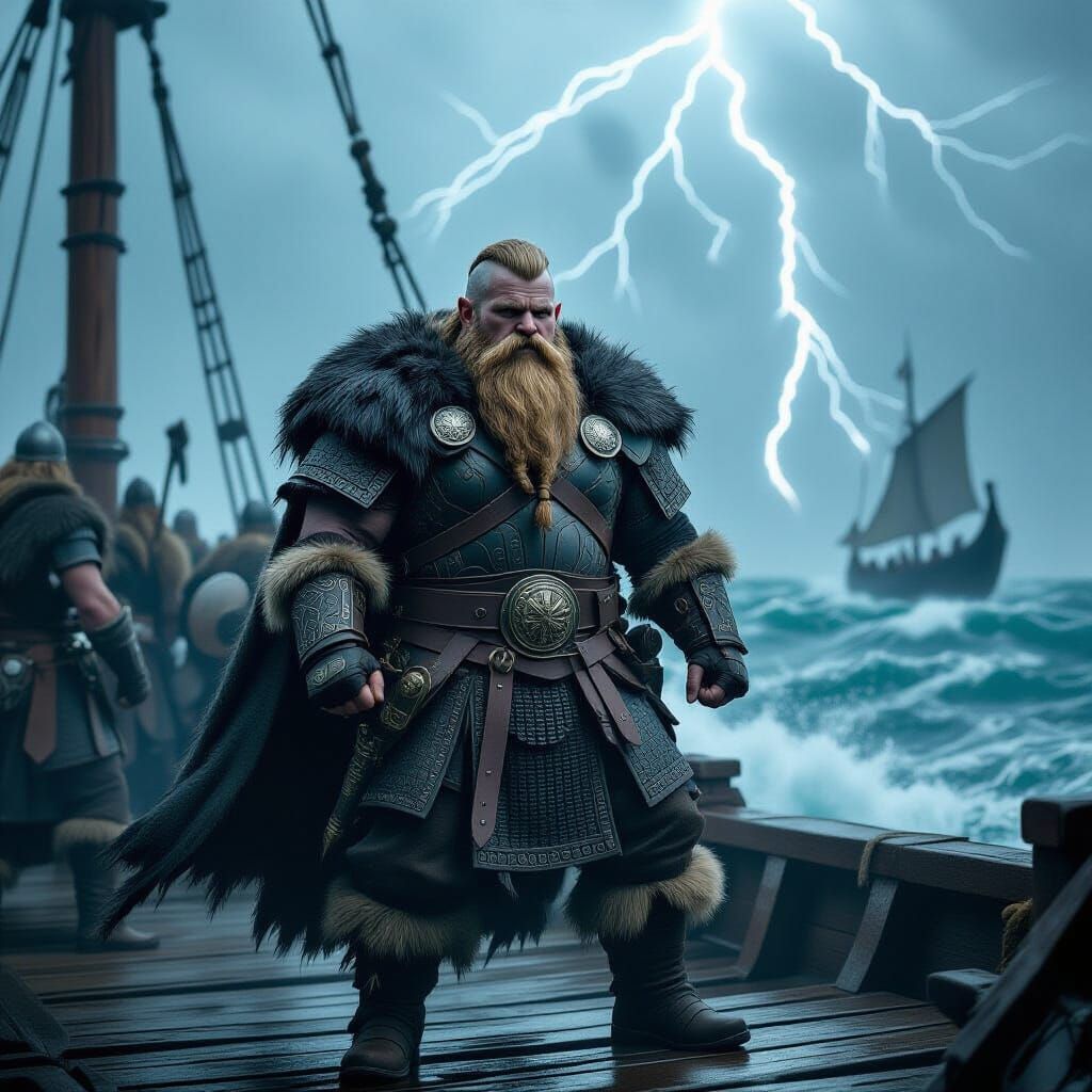 Dwarf Vikings Battle Stormy Northern Sea