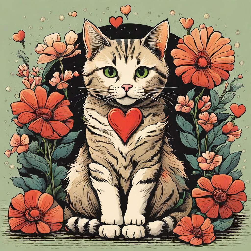Cute Cat on Pillow Surrounded by Flowers