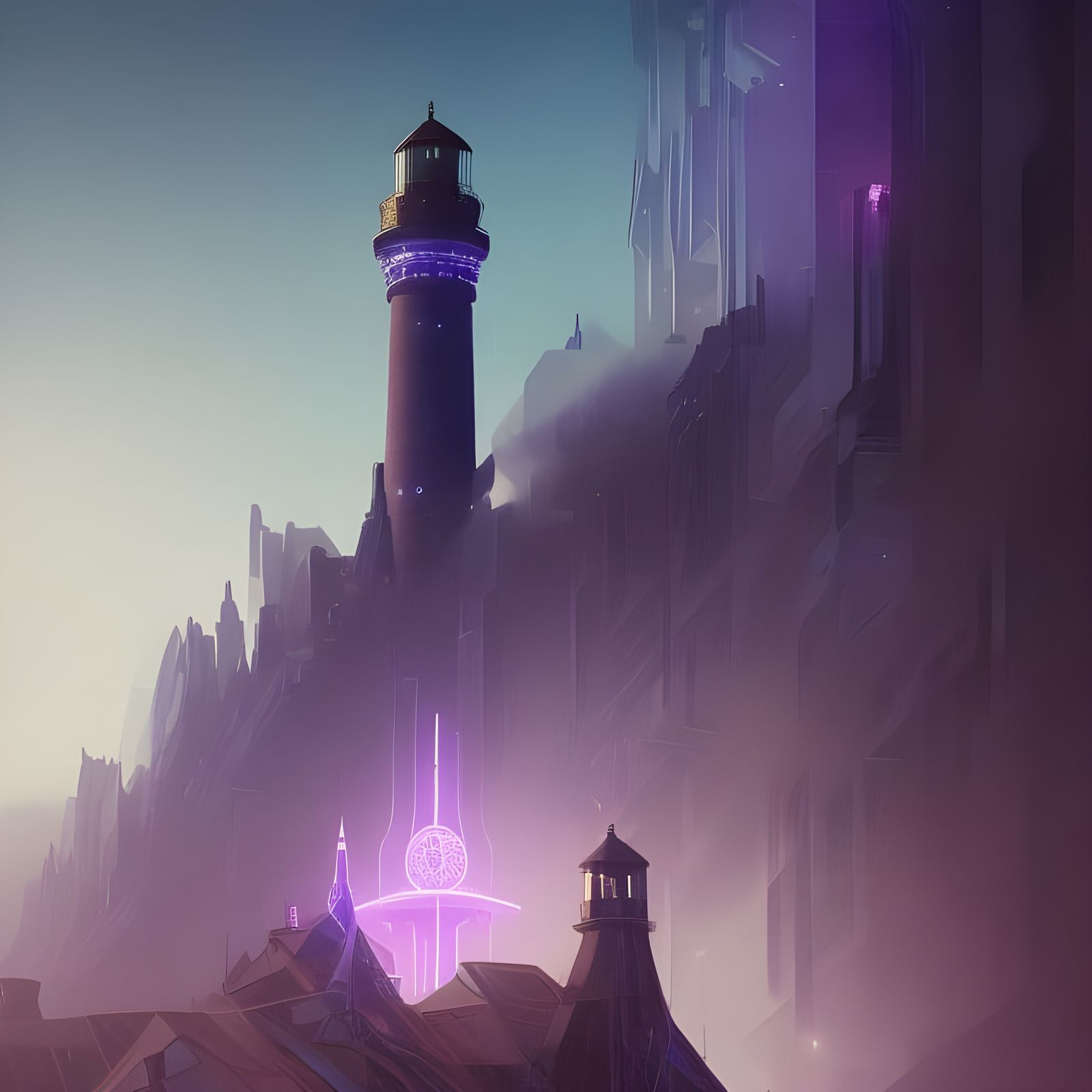 Futuristic Lighthouse Illuminates Dark City Nightscape