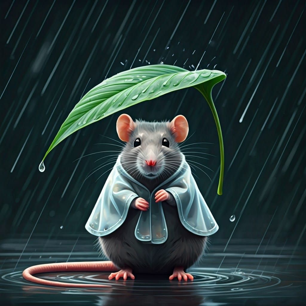 a Rat hiding under a leaf  from the rain