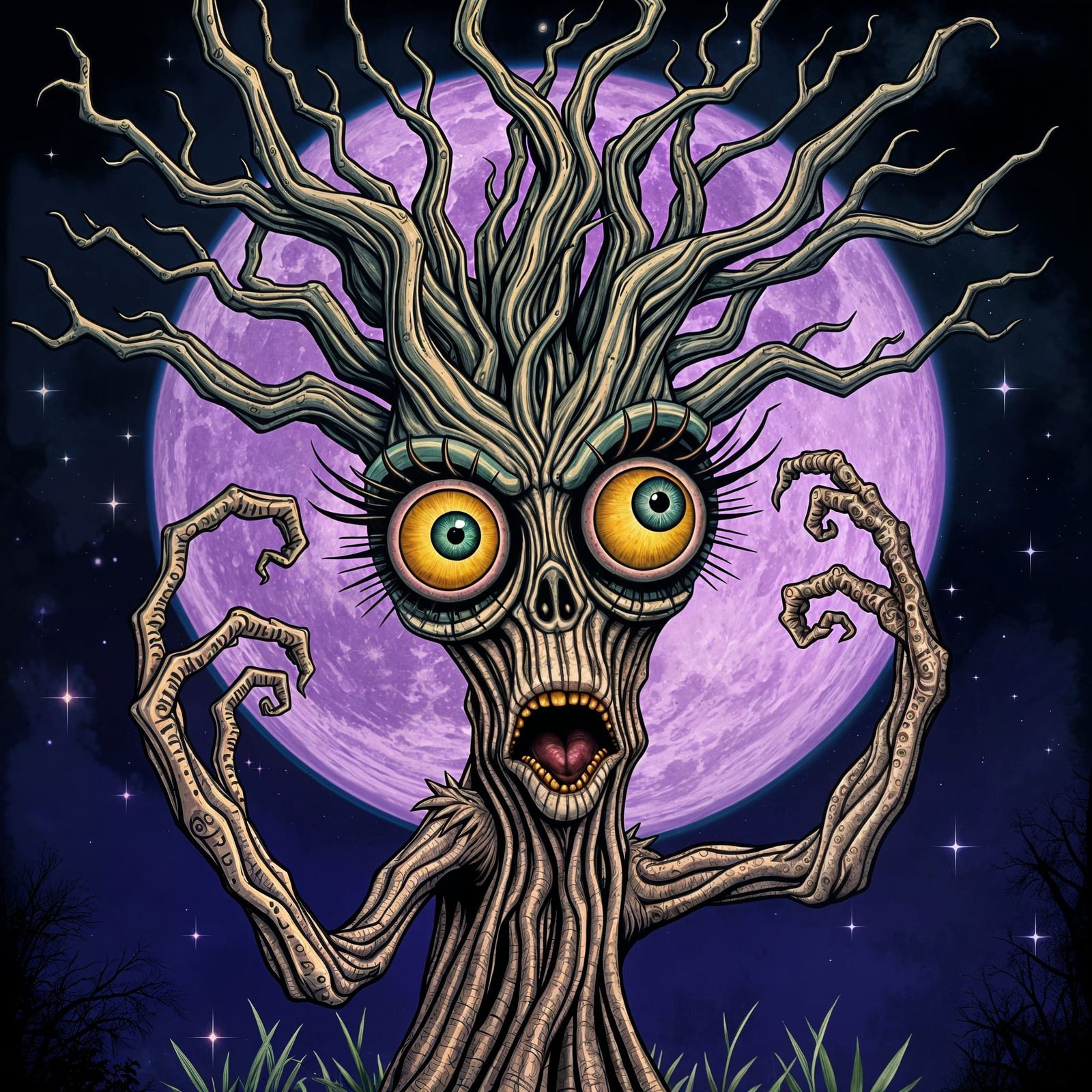 Psychedelic Tree with Eyes Under Purple Moon