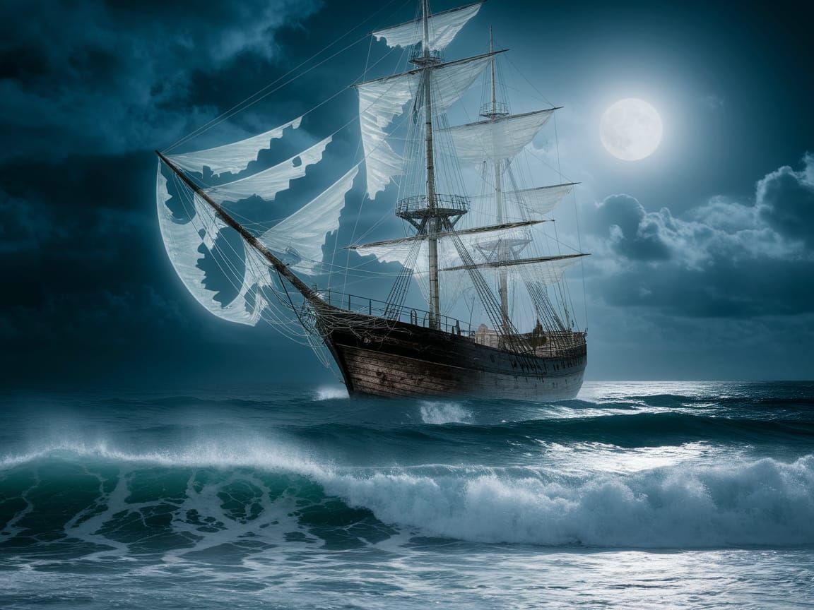 Ethereal Ghost Ship on Stormy Seas: Cinematic Photography