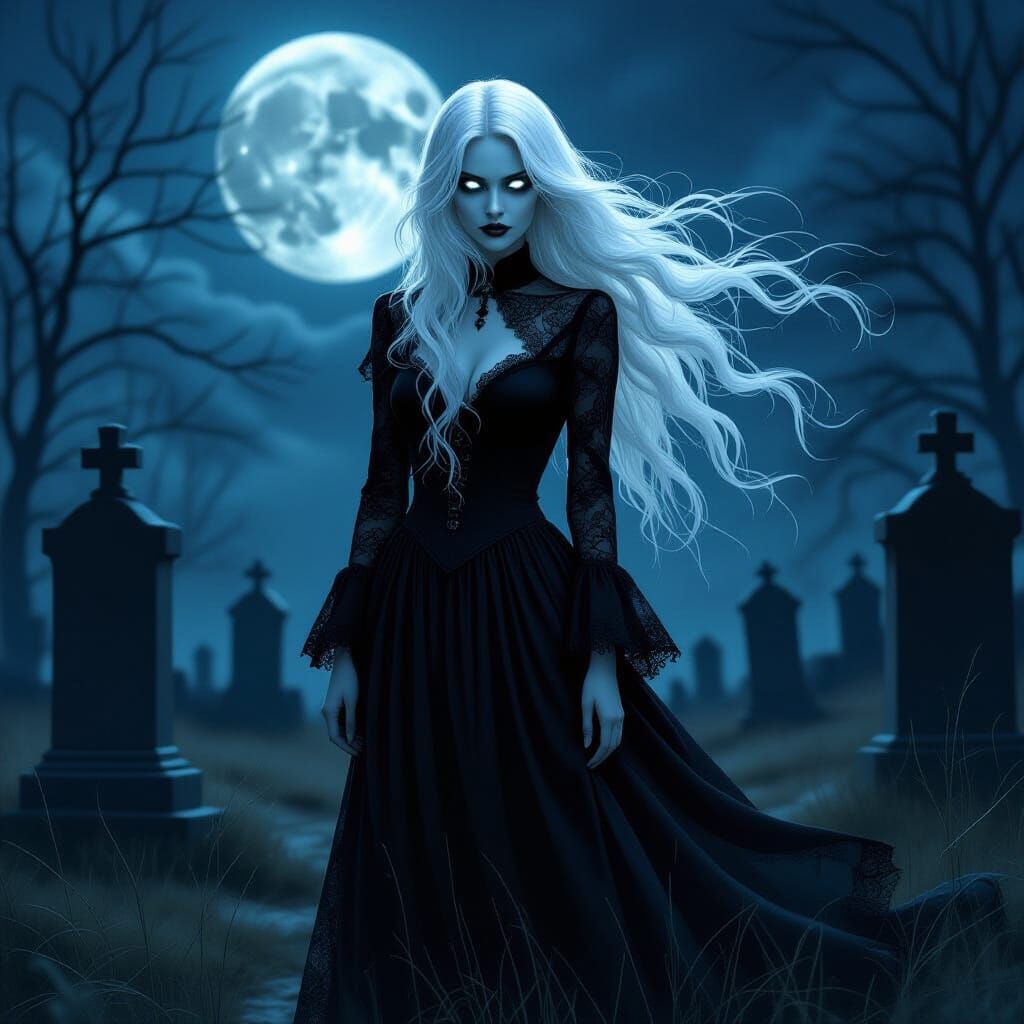 A hauntingly beautiful portrait of a ghostly woman with long...