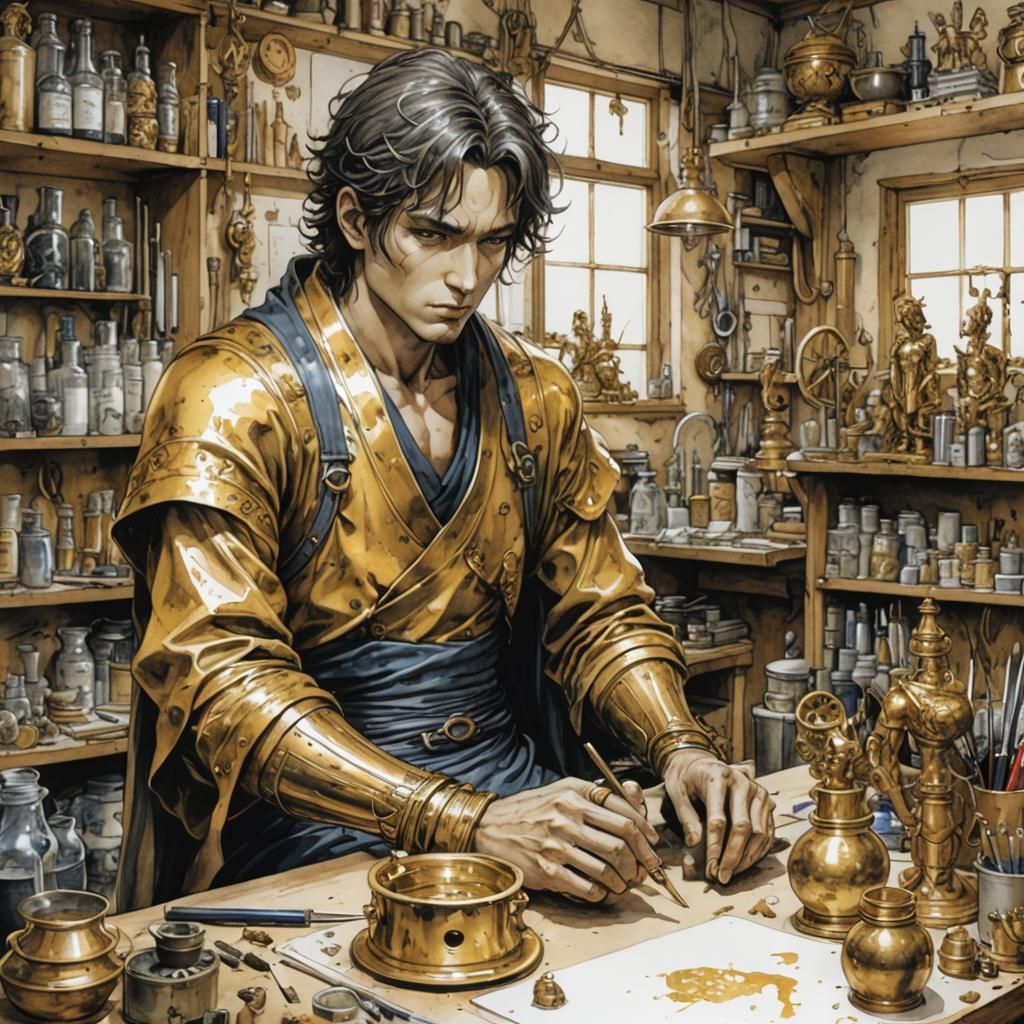 Gold Alchemist Statue in Workshop, Ink Illustration