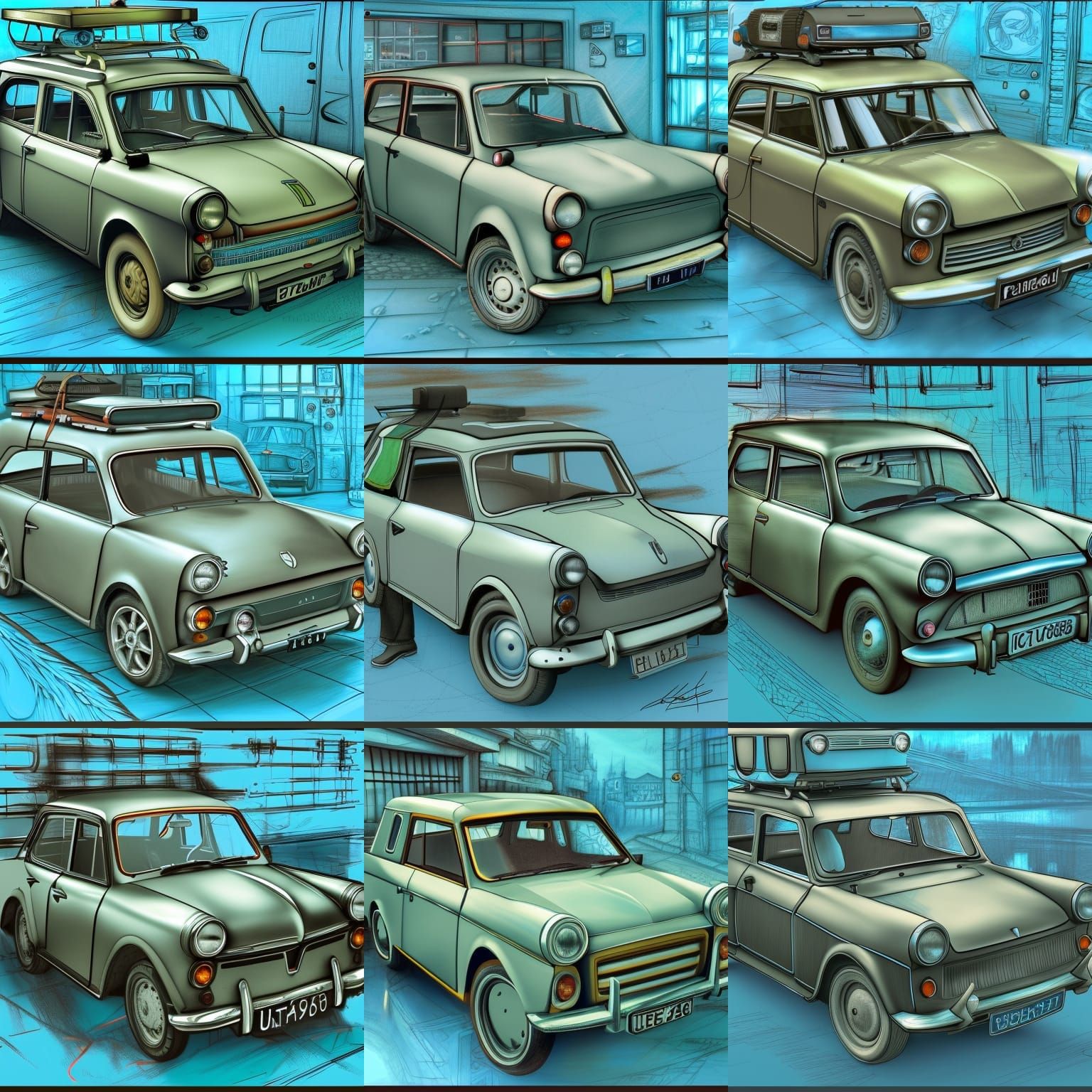 Technical Pencil Drawing of Trabant 601