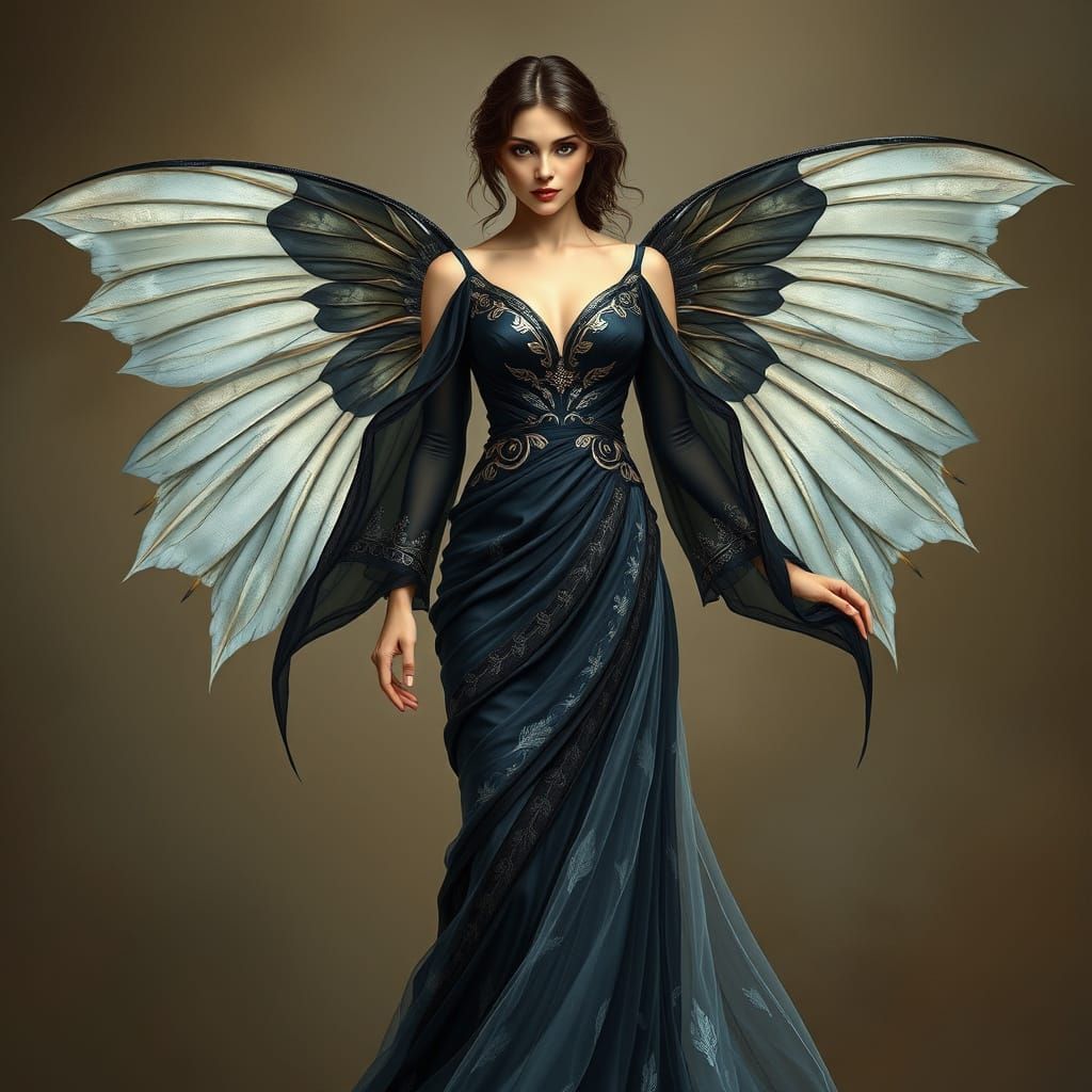 Elegant Woman in Gown with Wings