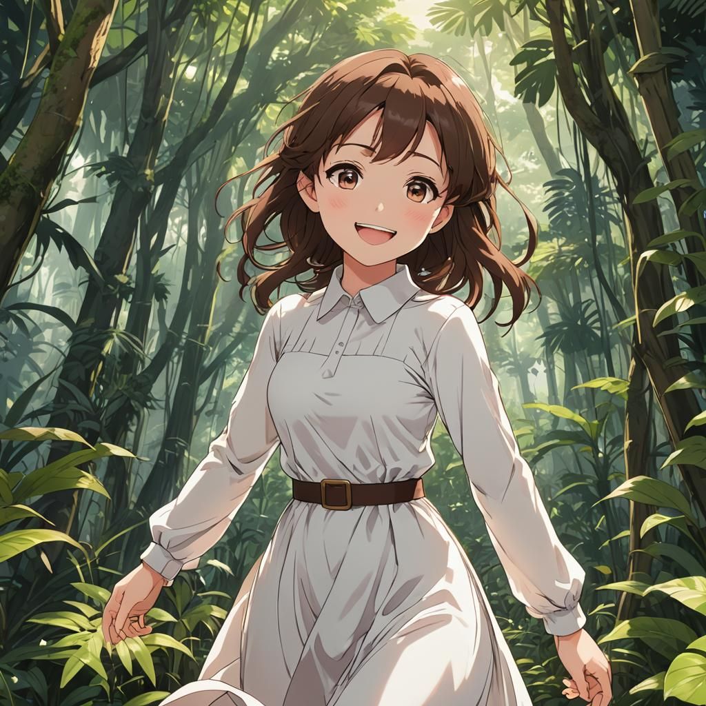 Anime Style: Girl in White Dress in Jungle
