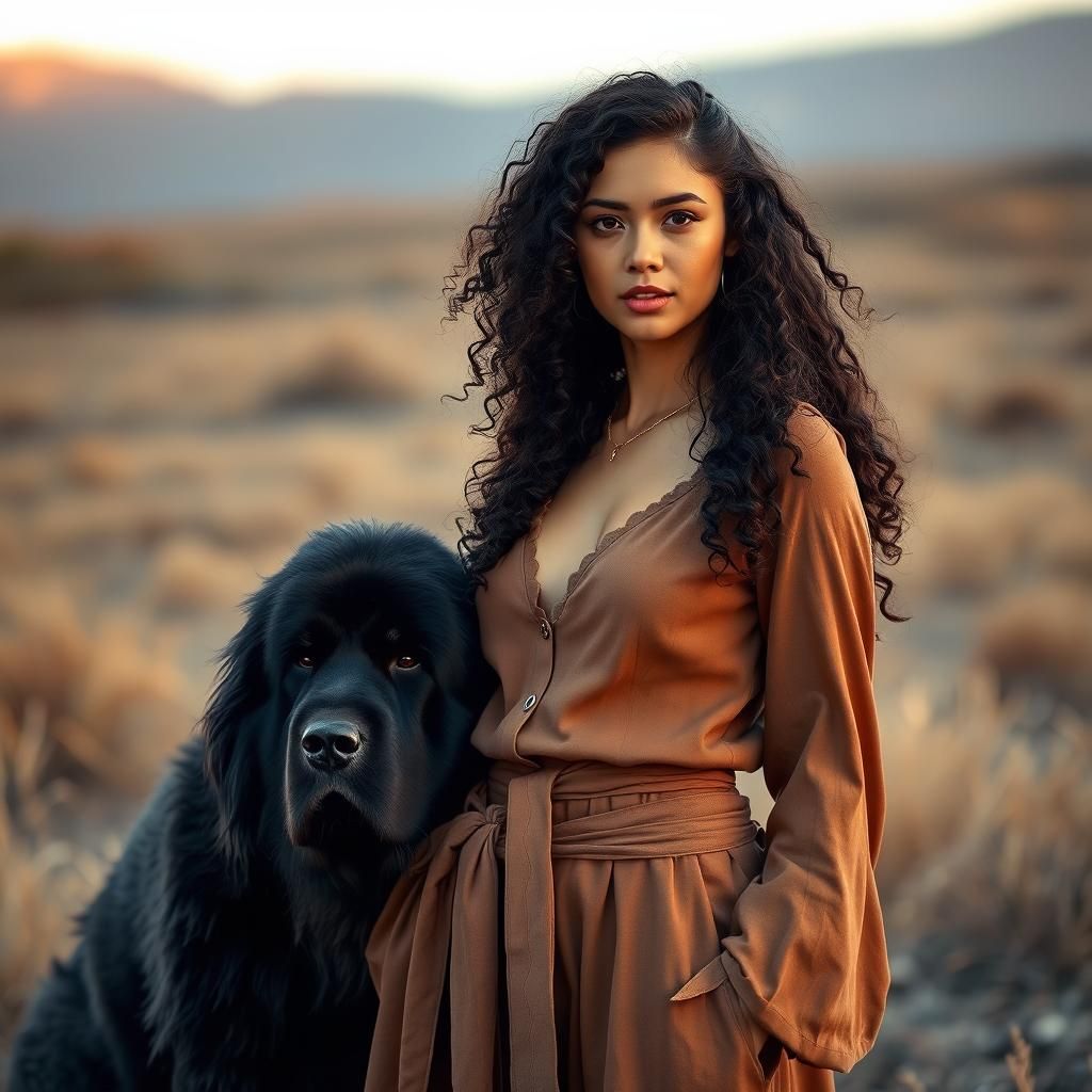 Woman with Newfoundland Dog in Serene Landscape