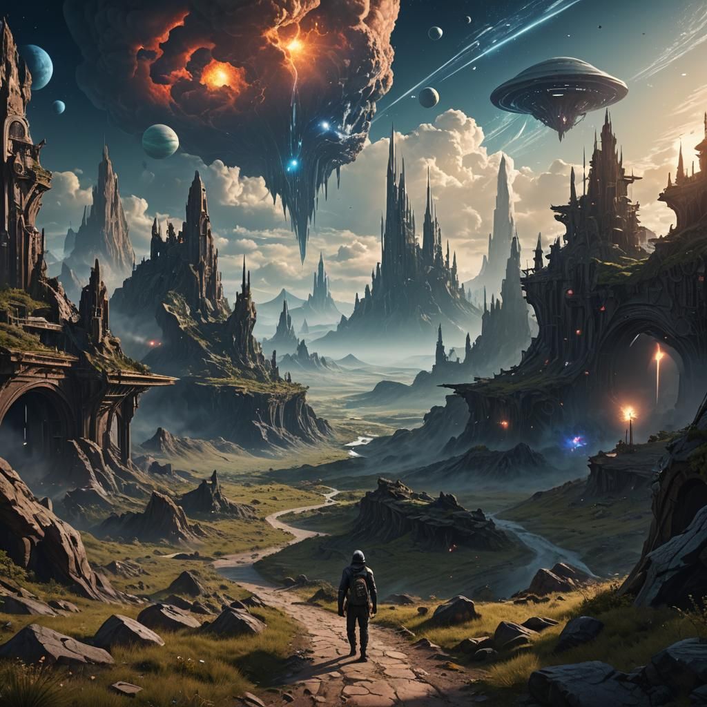 Fantastical Matte Painting of Figures Gazing Skyward