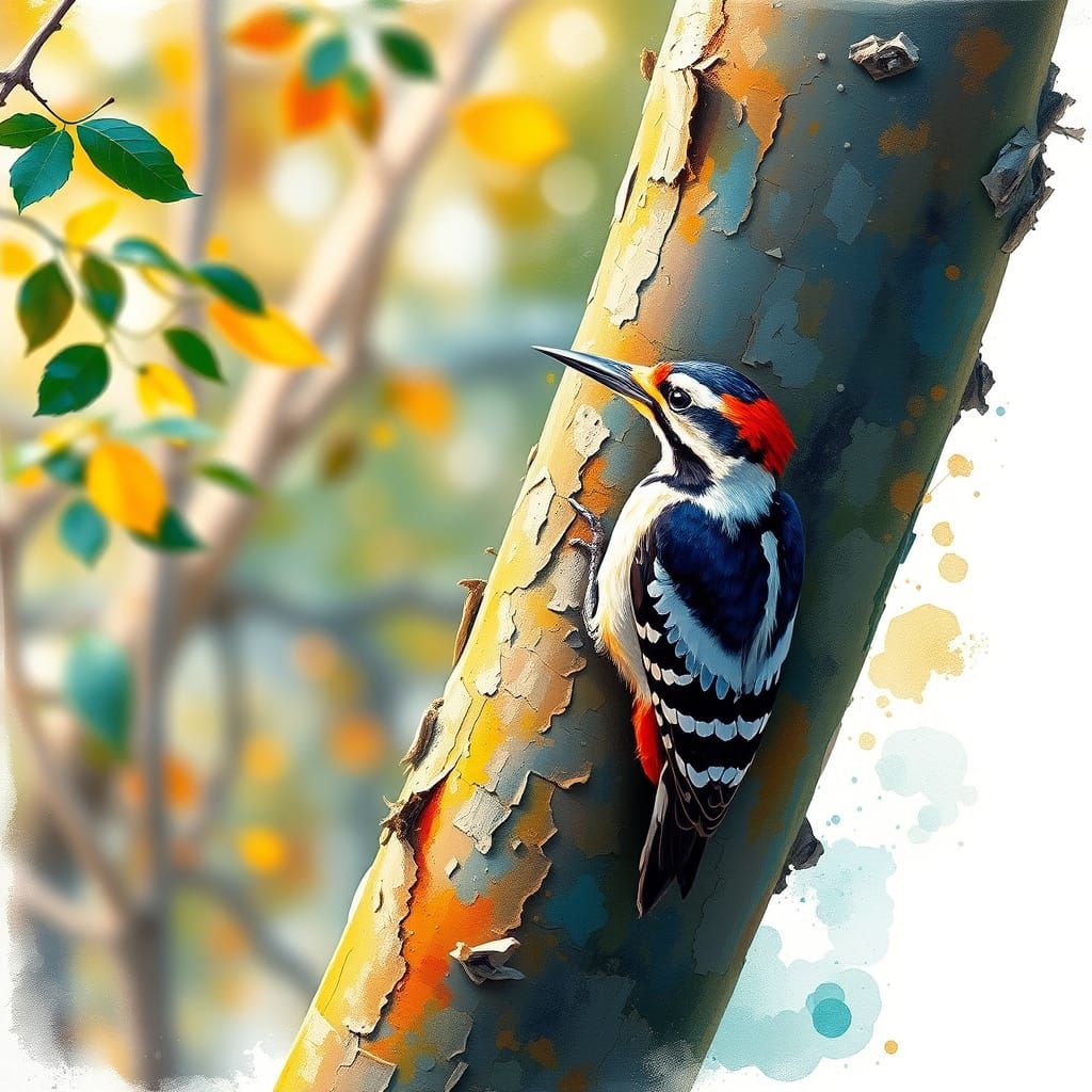 Woodpecker on River Tree, Neo-Impressionist Oil Painting