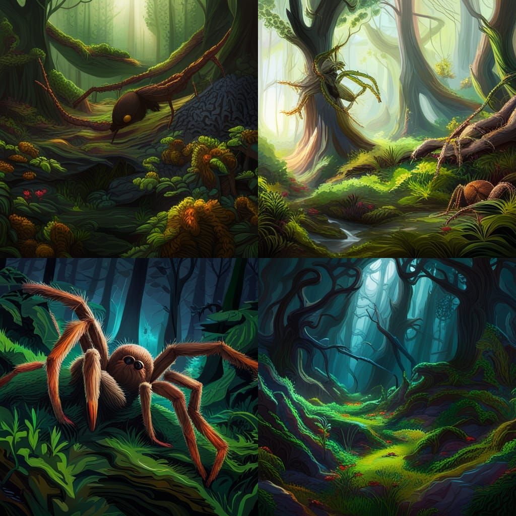 Giant Spiders in Hyperrealistic Dark Forest