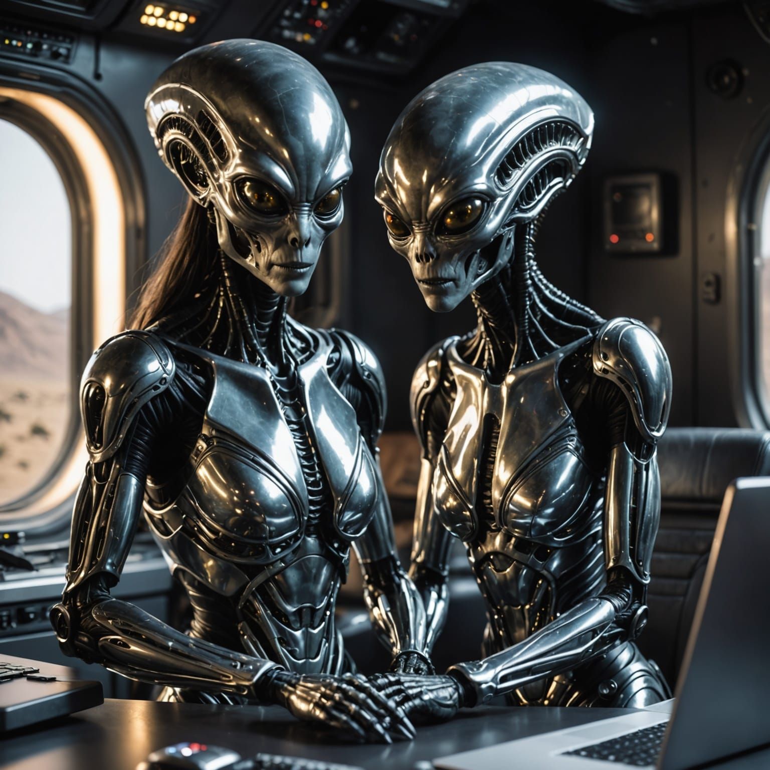 Sensual Alien Encounter with Futuristic Chrome Artifact