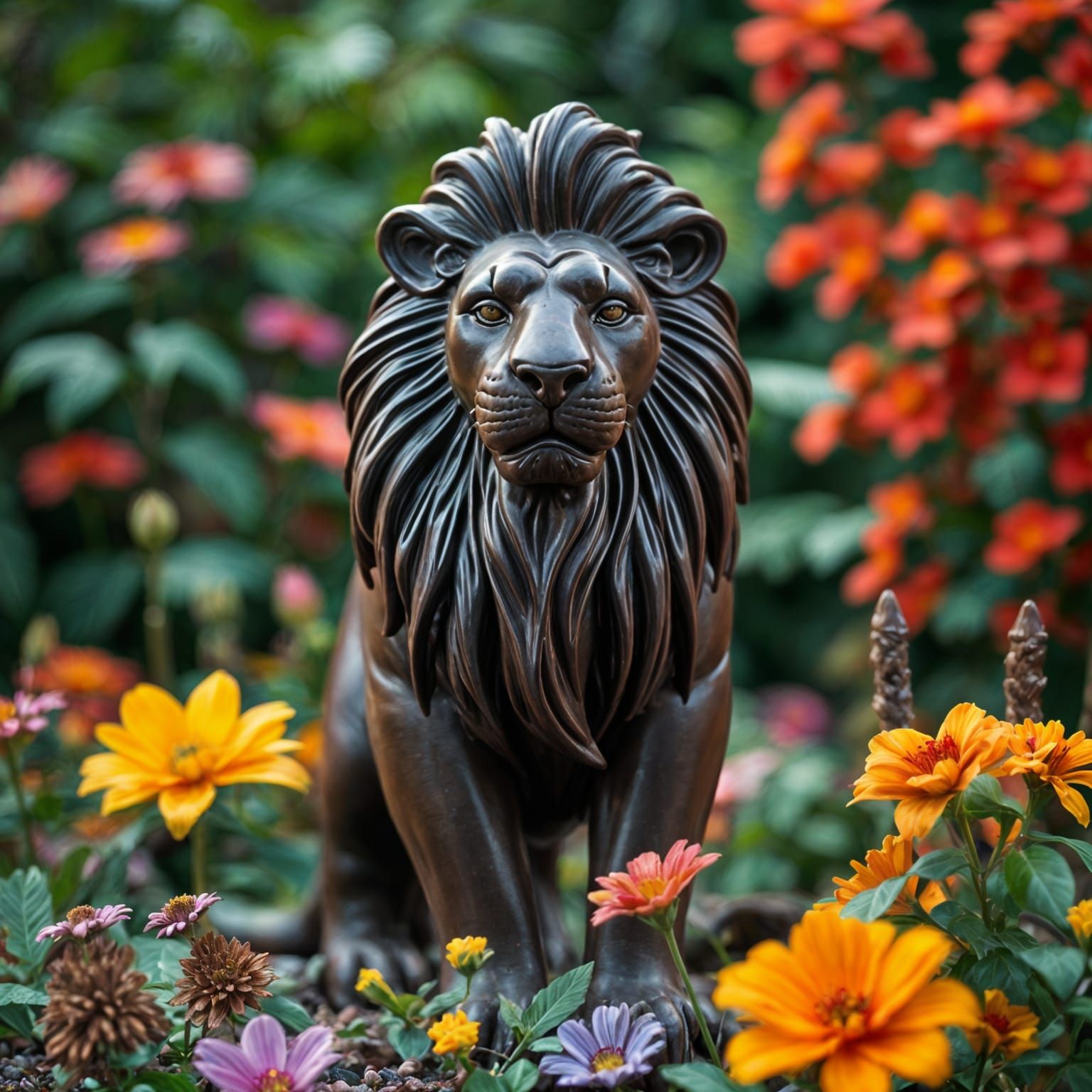 Chocolate Lion Sculpture in Lush Garden