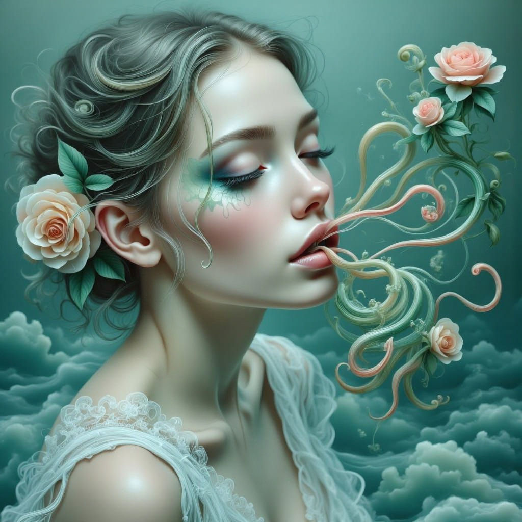 Surreal Woman Portrait with Tentacles and Roses