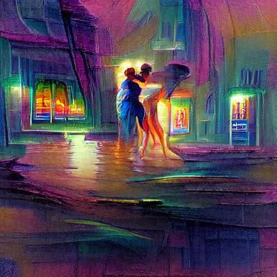 Couple Dancing in Neon Rain: Watercolor Painting