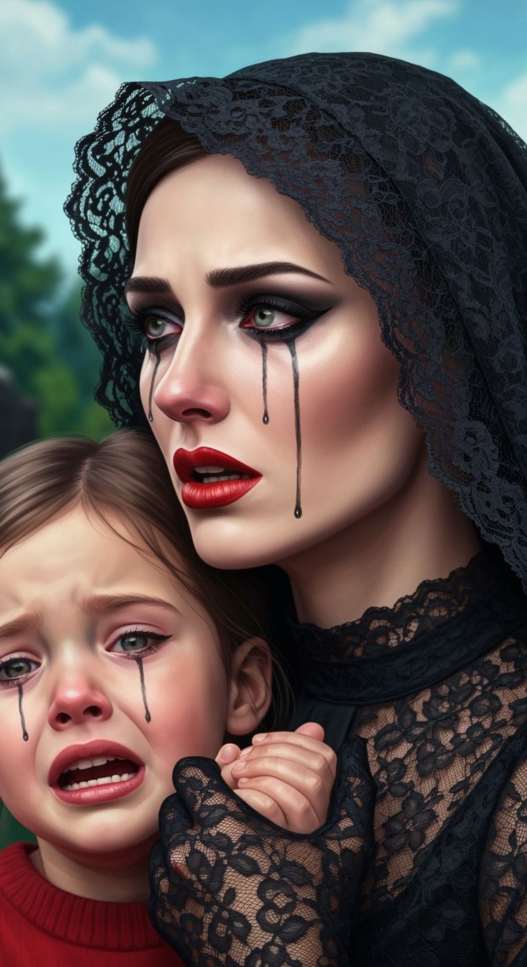 Grieving Widow with Child in Hyperrealistic Cemetery Scene