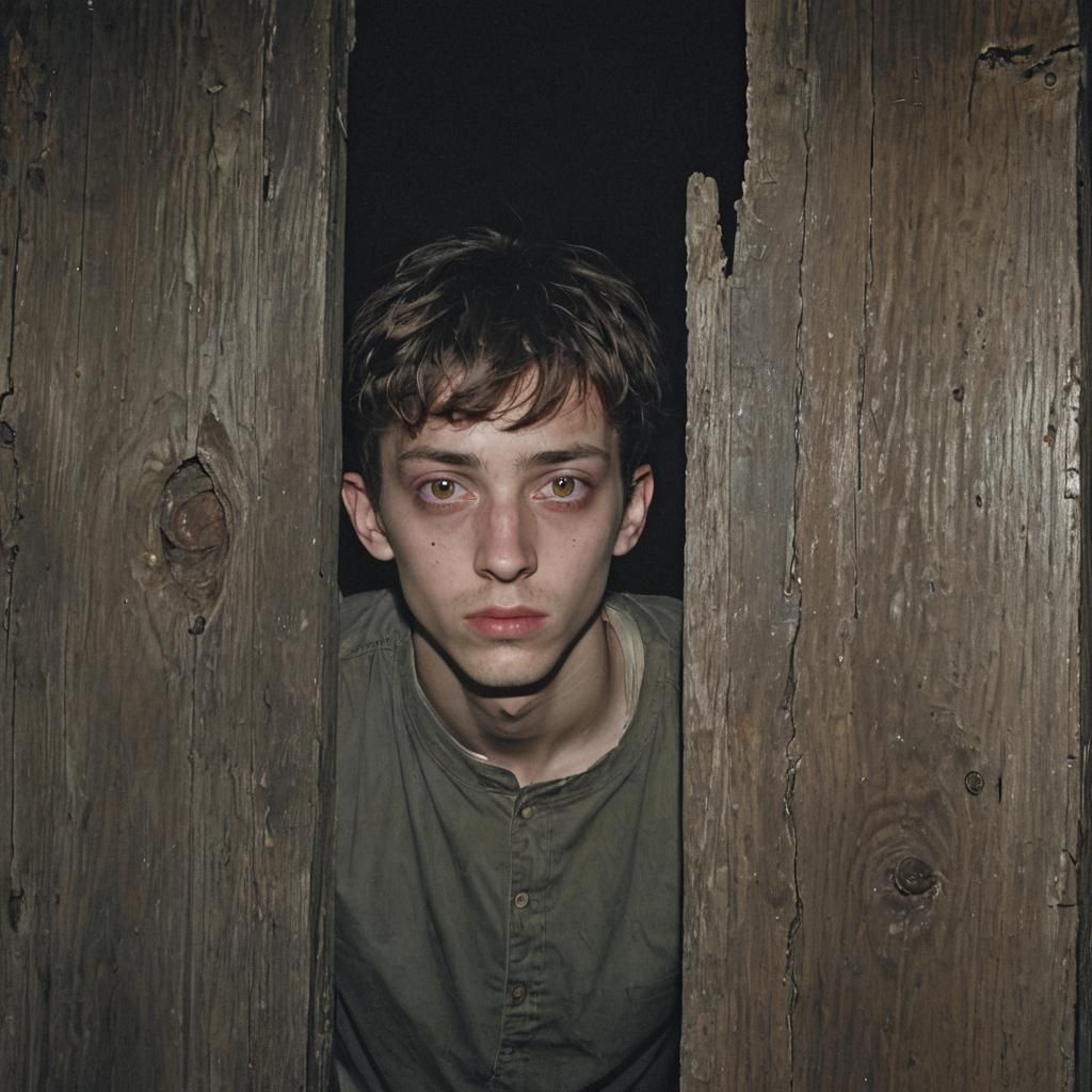 Hollow-Eyed Man Peeks from Behind Pillar