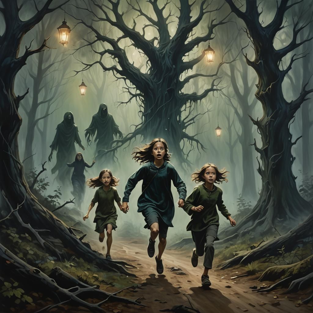 Children Escape Ghost in Ominous Dark Fantasy Forest