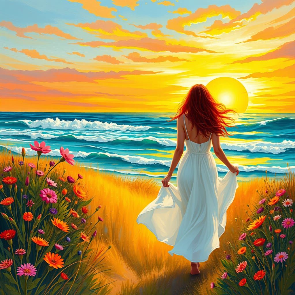 Sunset Beach Meadow Painting with Red-Haired Woman