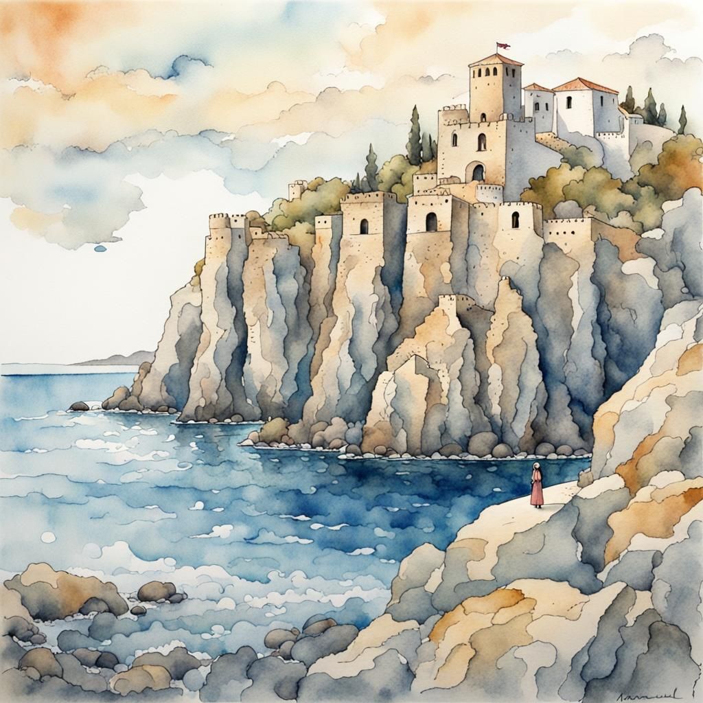 Lonely Greek Island with Ruins: Watercolor Pointillism