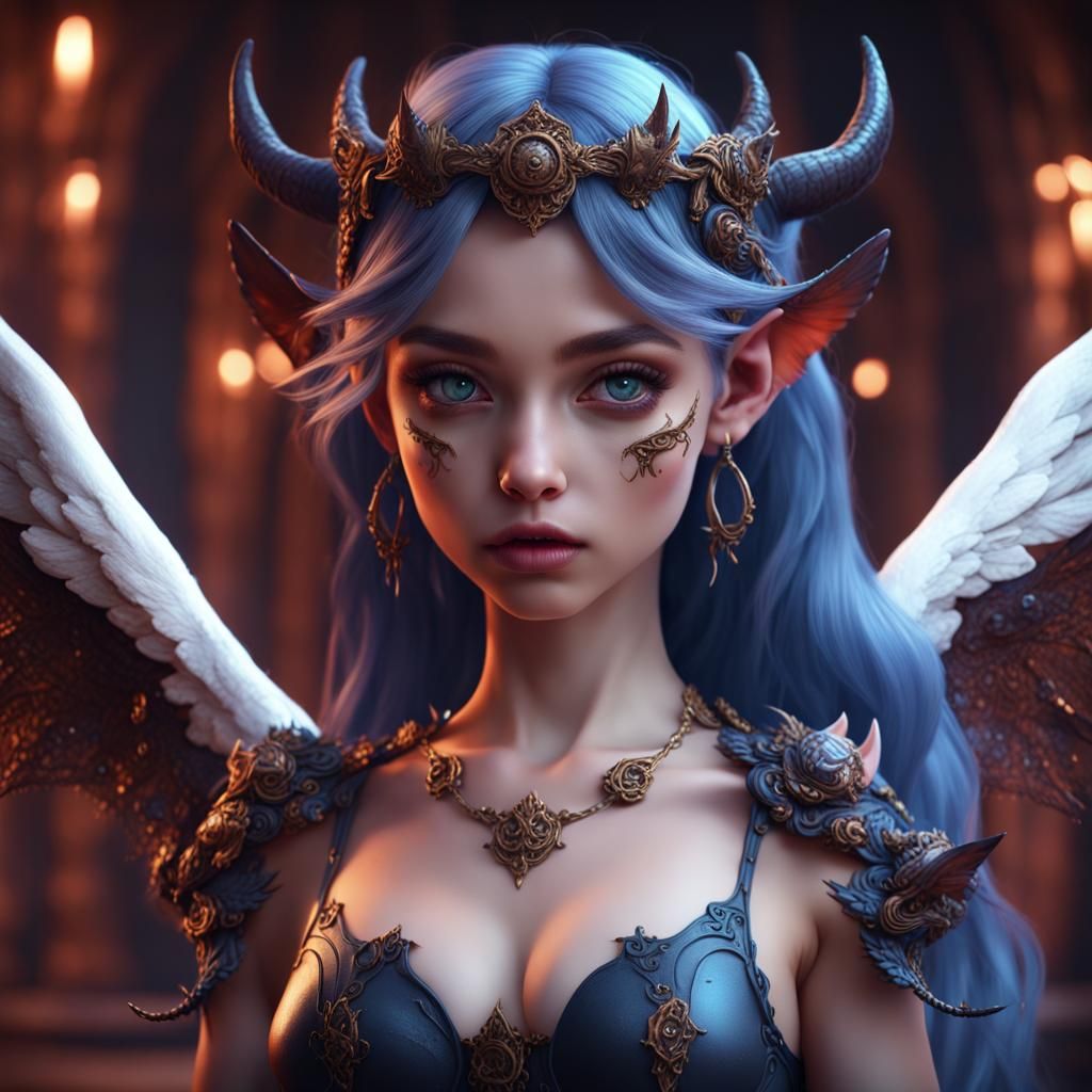 Half Angel Half Devil Girl in Detailed Matte Painting