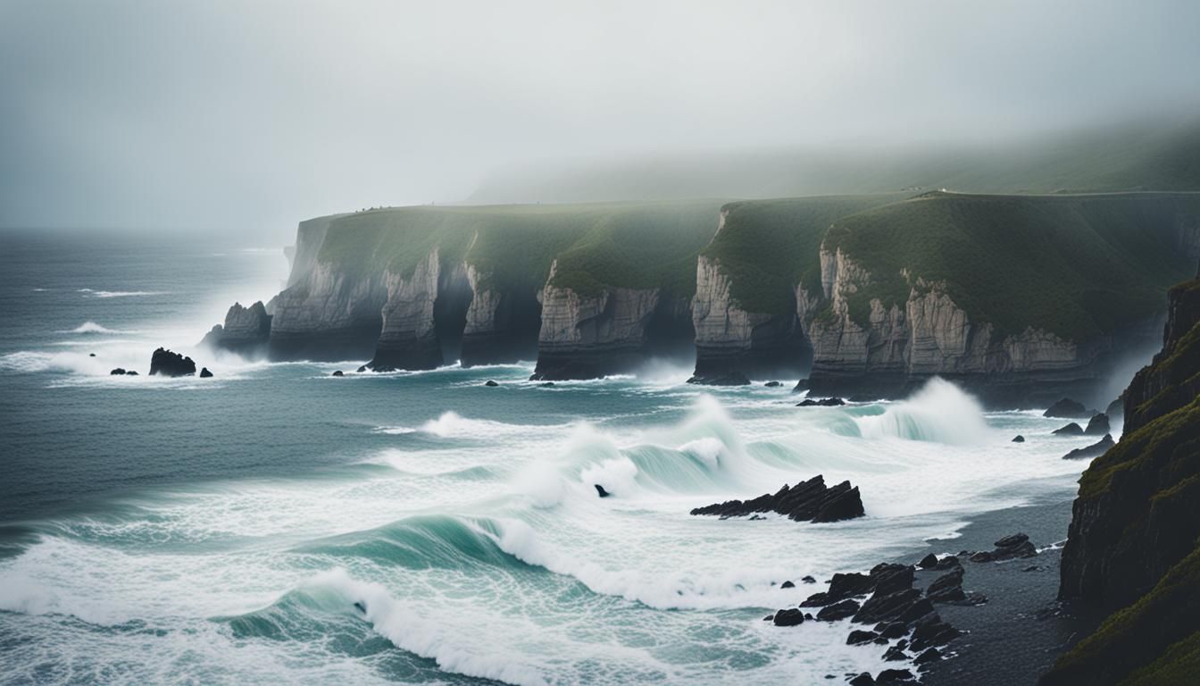 Misty Coastline with Crashing Waves: Professional Photograph...