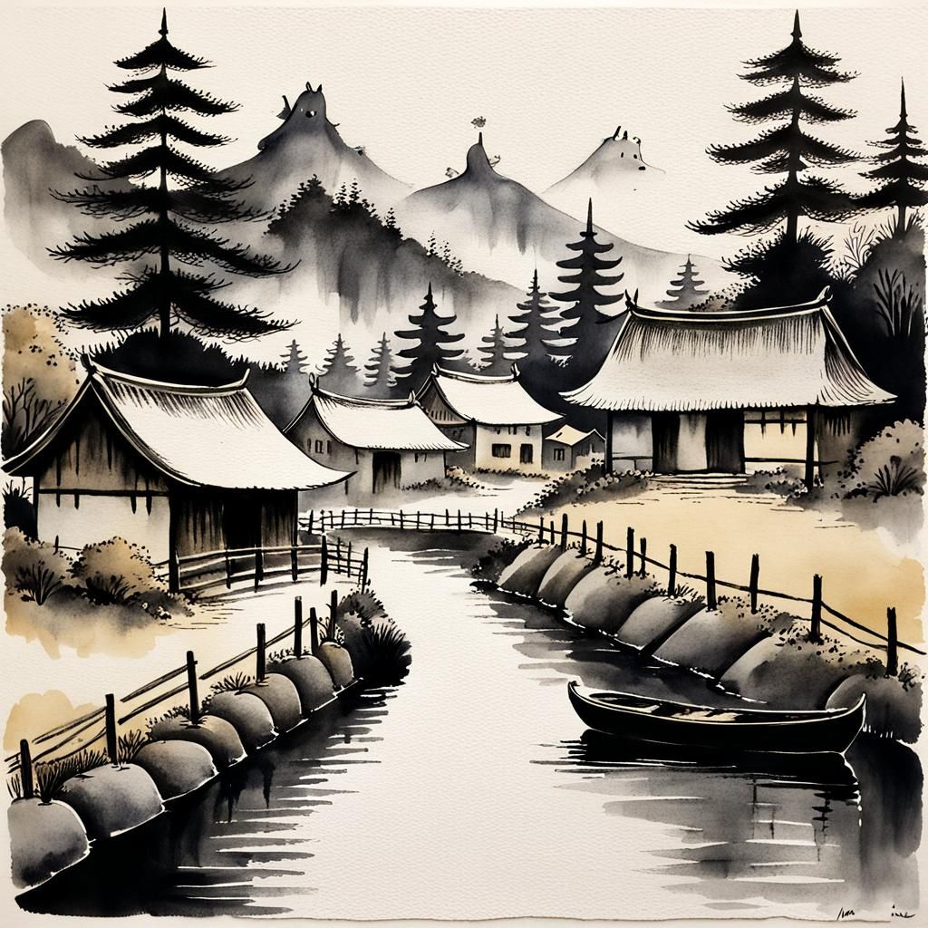 Moomin's Village as Sumi-e Ink Wash Painting