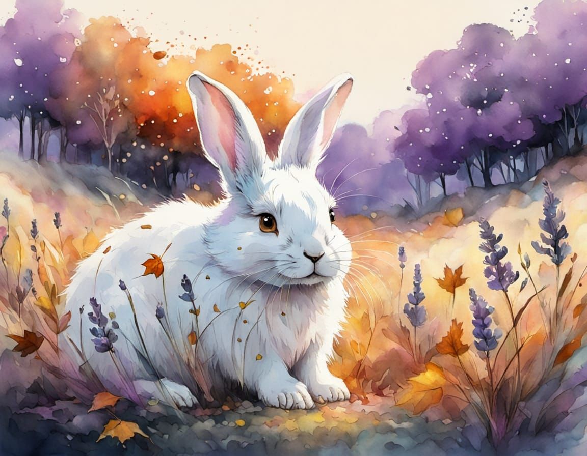 Cute Baby Rabbit in Autumn Field, Expressive Watercolour