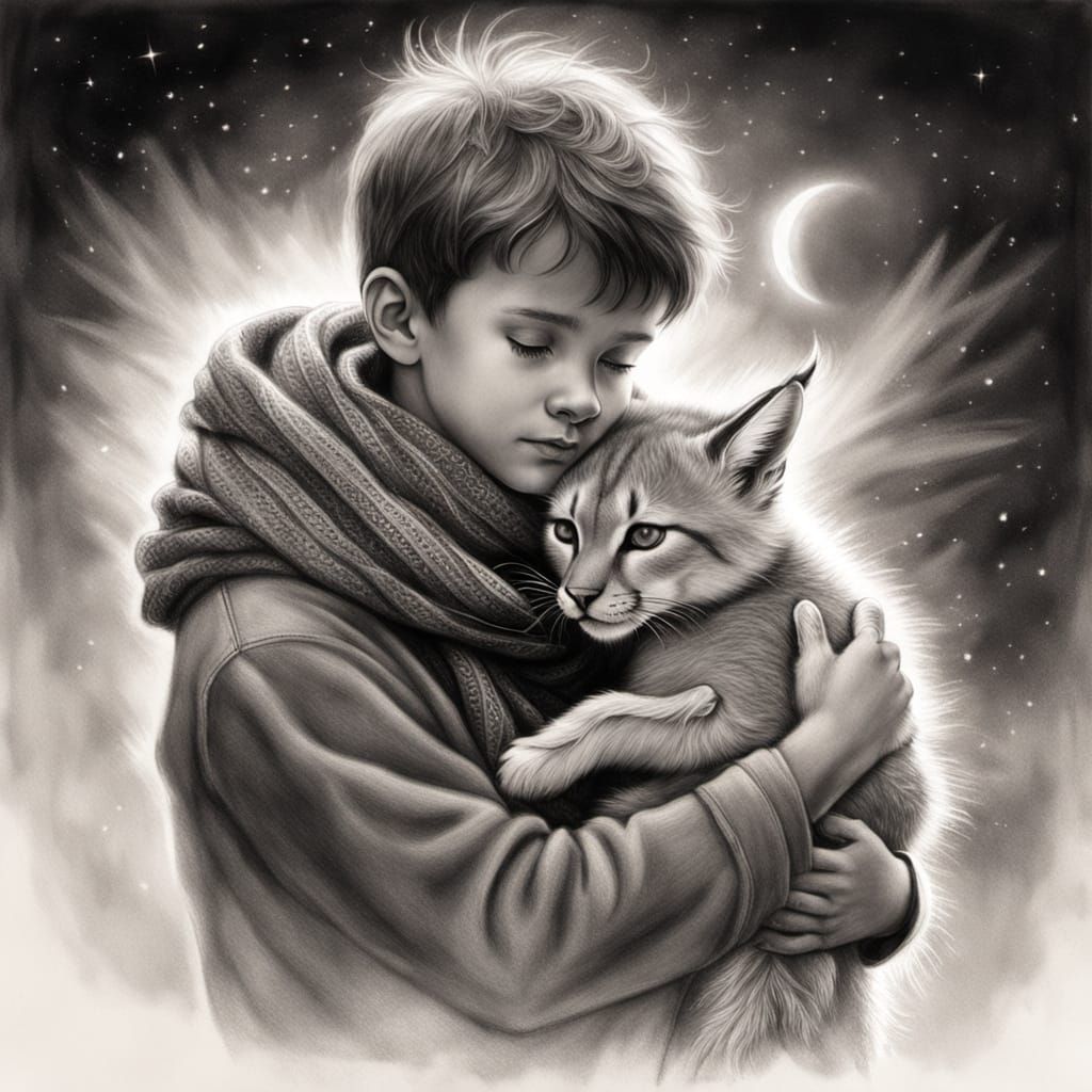 Boy Hugging Caracal in Hyperrealistic Charcoal Drawing