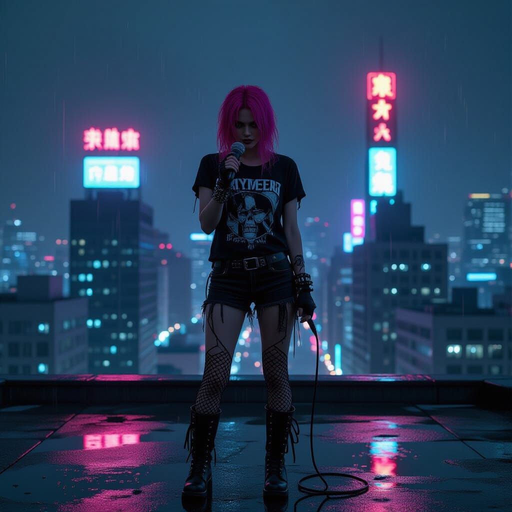 Rainy City Rooftop: A Melancholic Figure in Grunge Style