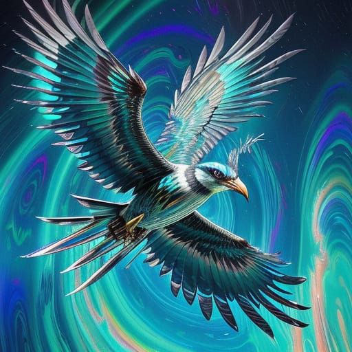 A semi-gilded thunderbird speeding through vortexes of liqui...