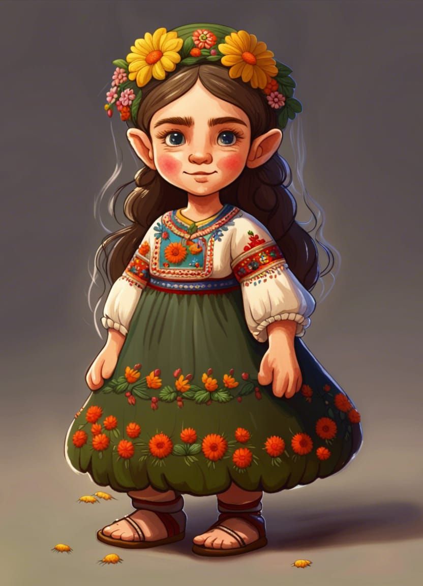 Hobbit Girl in Ukrainian Dress Cartoon