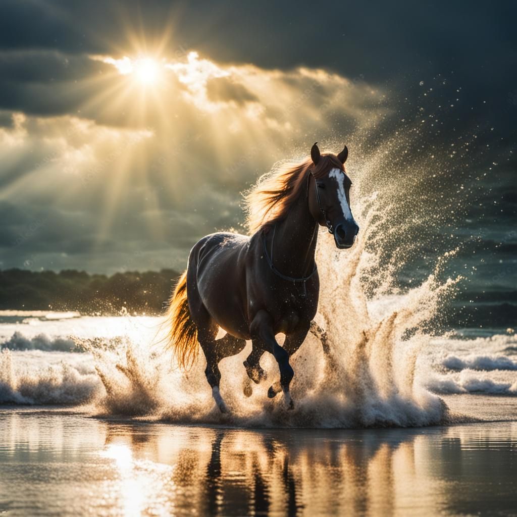 Horse Splashing on Beach in Divine Sunlight