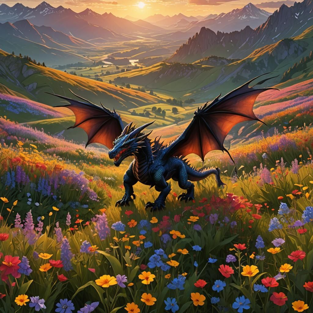 Dragon Silhouette Gliding Over Wildflower Field at Sunrise