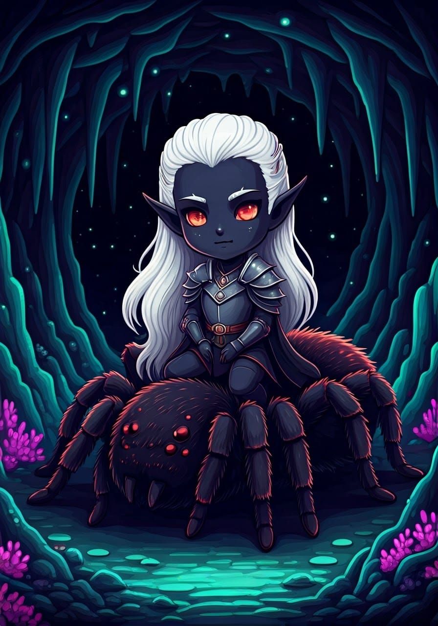 Chibi Drow Elf on a Tarantula in Pixel Art
