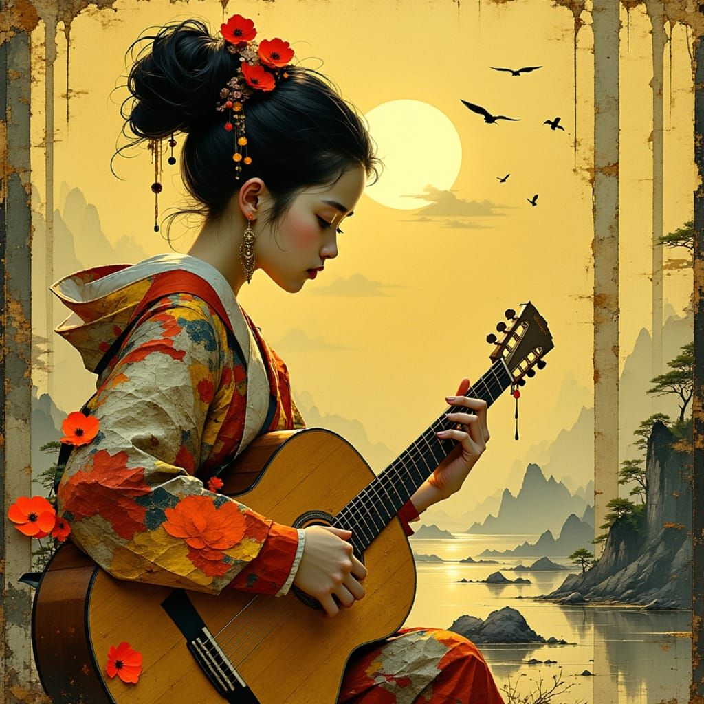 Japanese Geisha Serenades with Guitar in a Soothing Musical ...