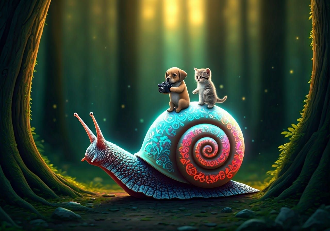 Puppy and Kitten's Snail Ride Through Enchanted Forest