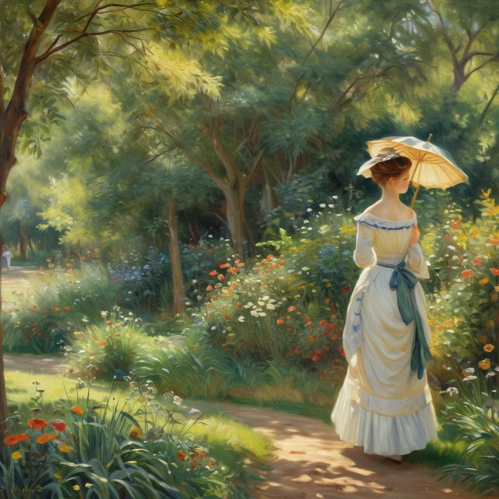 Woman with Parasol in Impressionist Oil Painting Style