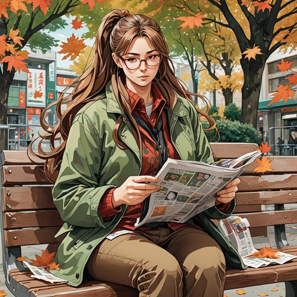 Anime Woman Reading Newspaper in Autumn Style