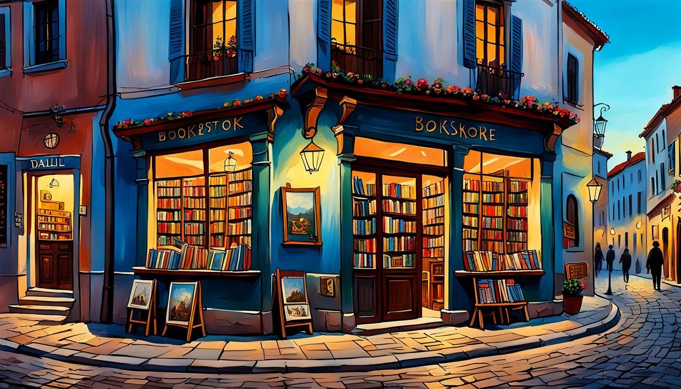 Whimsical Evening Bookstore in Art Nouveau Style