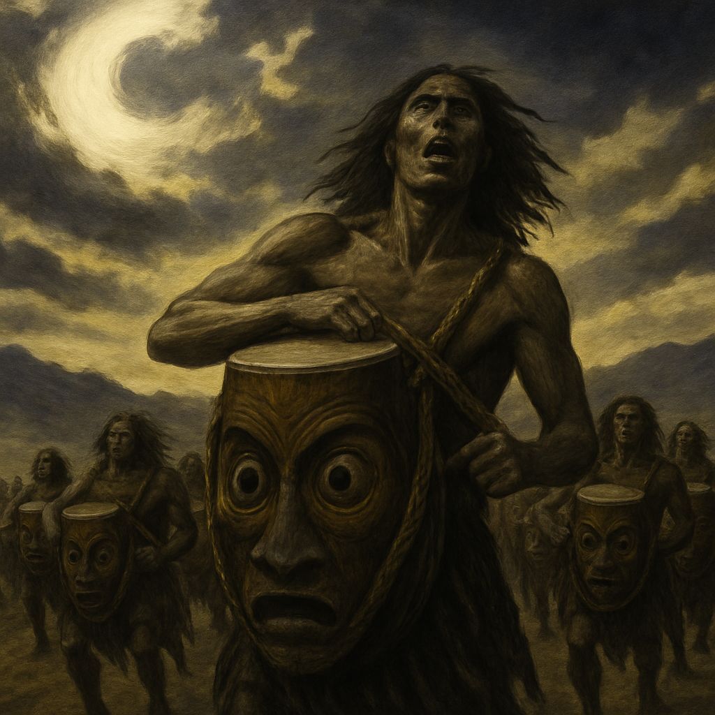 Ferocious Warrior Beats Giant Drum Under Dramatic Skies