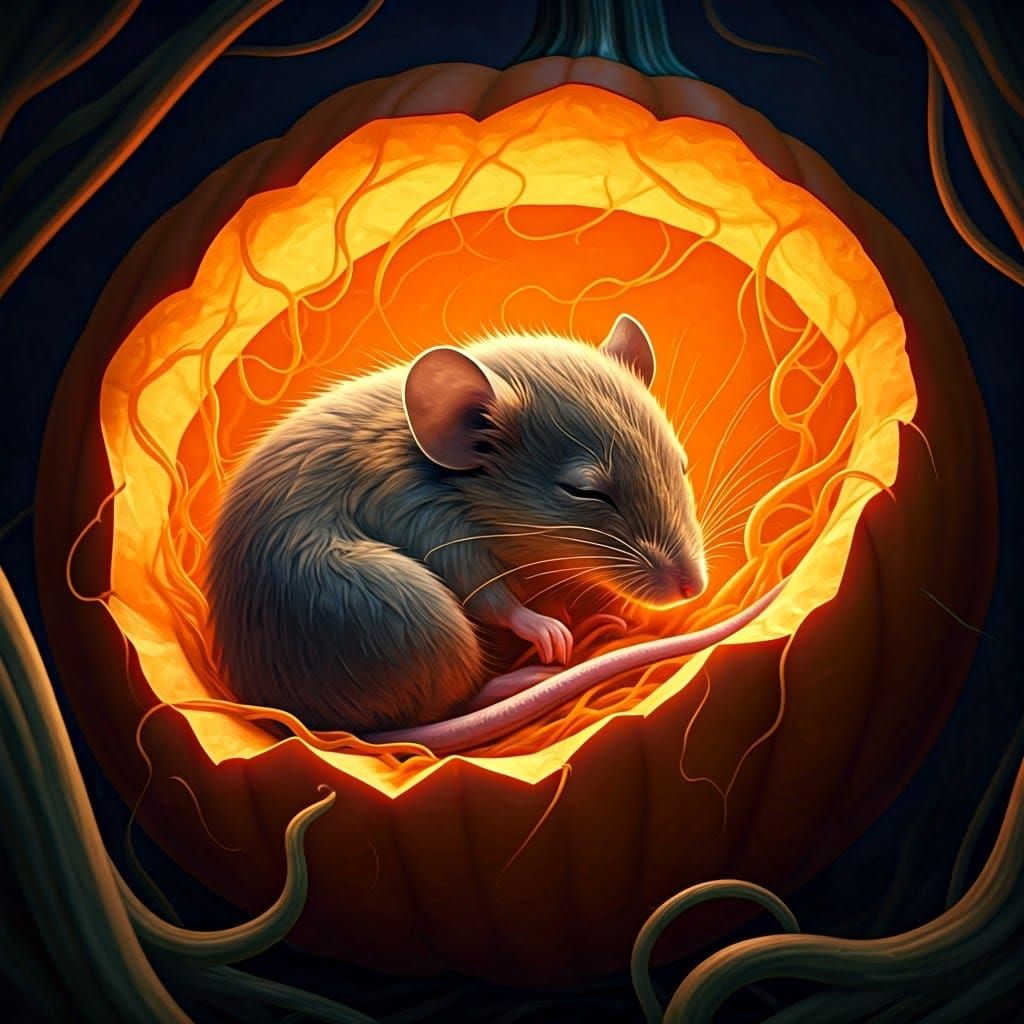 Mouse's Halloween Nap in Glowing Pumpkin