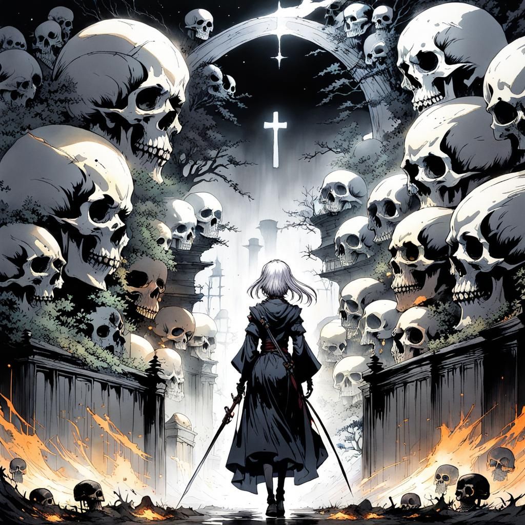 Anime Necromancer Girl Walks Away in Ink and Watercolor