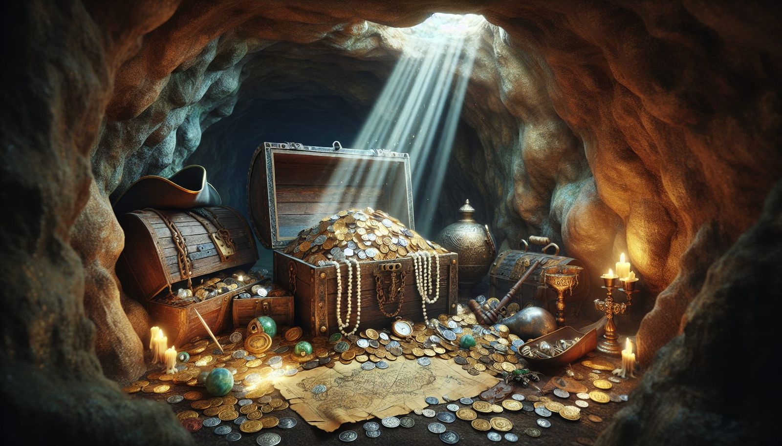 Sunlit Pirate Treasure Cave with Gold and Gems