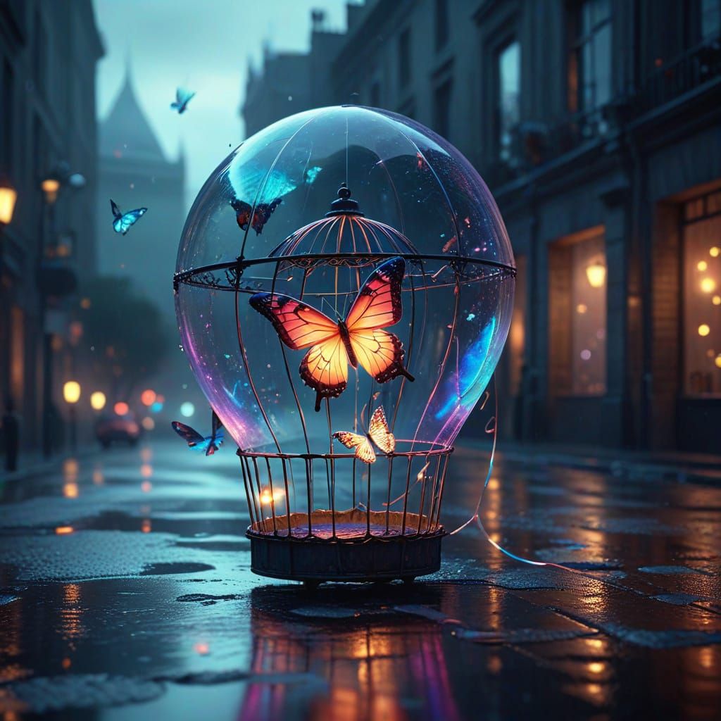 Glowing Butterfly in Birdcage: Surreal Digital Art