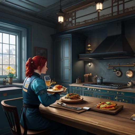 Astronaut's Lunch in Bavarian Kitchen: Detailed Matte Painti...